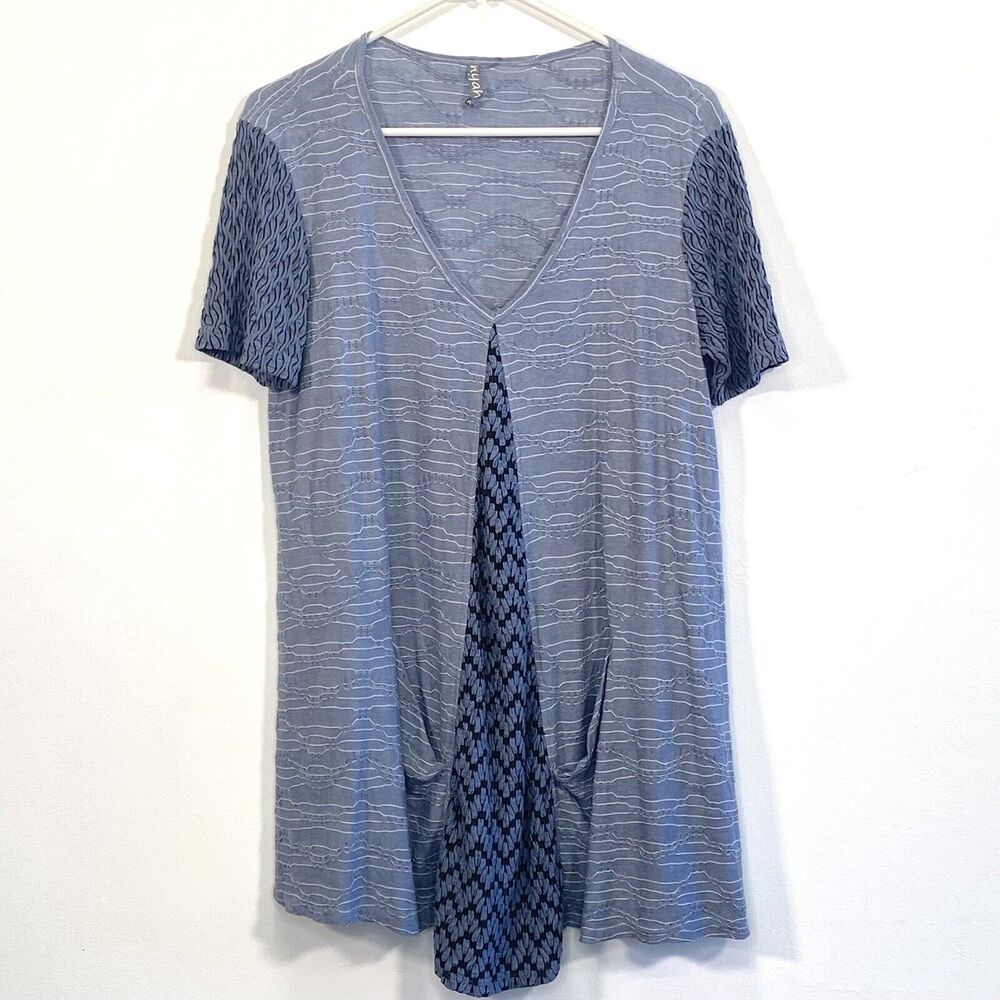 Nyah Tunic Top Small Blue Black Short Sleeves Pockets Mixed Texture Lagenlook